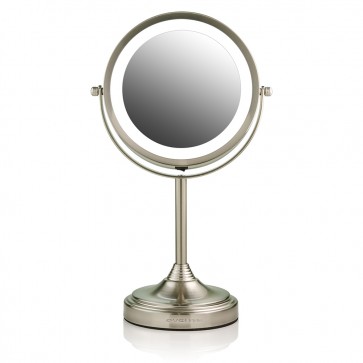 Ovente LED Lighted Tabletop Makeup Mirror, 7 Inch, Dual-Sided 1x/7x Magnification, Nickel Brushed (MCT70BR)
