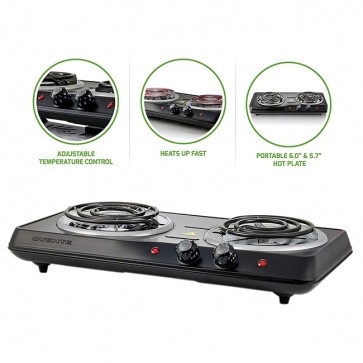 Ovente Countertop Electric Double Burner with Adjustable Temperature Control