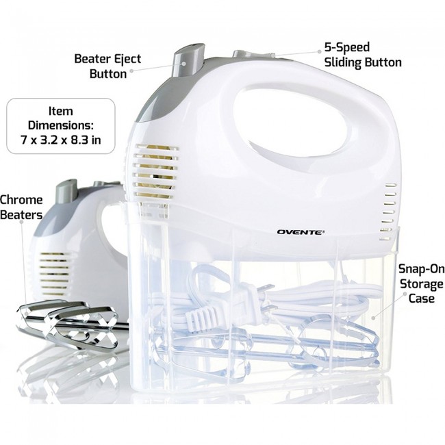 2 Stainless Steel Chrome Beaters & Free Snap-On Case HM161W 200W White 5 Mixing Speeds Ovente Electric Hand Mixer 