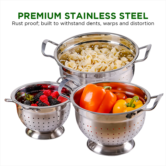 Ovente Stainless Steel Deep Colander 3 Piece Kitchen Strainer Set, Dishwasher Safe 1.5, 3, and 5 Quart Bowl Drainer with