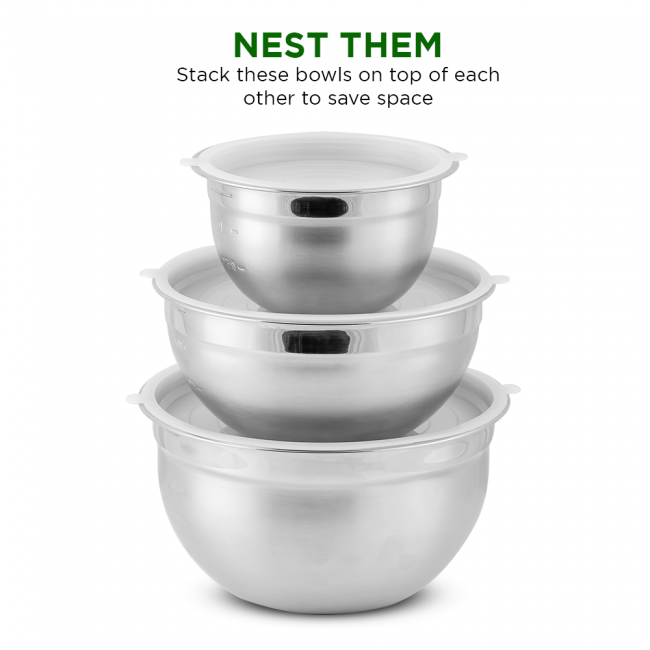 Stainless Steel Mixing Bowls with Lids, - 3 Piece (1.5 Qt, 3 Qt, 5 Qt) –  Chef Pomodoro