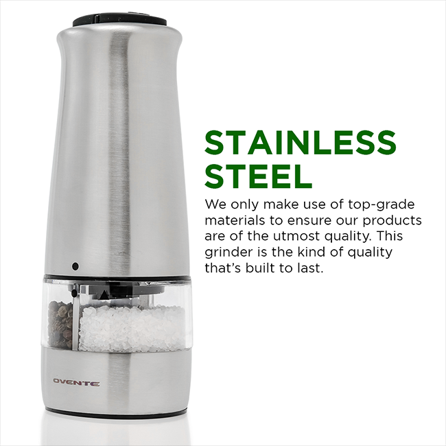 Ovente Electric Stainless Steel Tall Sea Salt and Pepper Grinder Set with  Ceramic Blade, Battery Operated Silver SPD112S