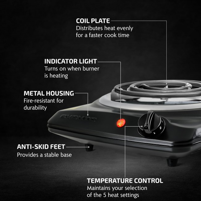 OVENTE Countertop Infrared Single Burner, 1000W Electric Hot Plate w/ 7.5”  Ceramic Glass Cooktop, 6 Level Temperature Setting & Easy to Clean Base