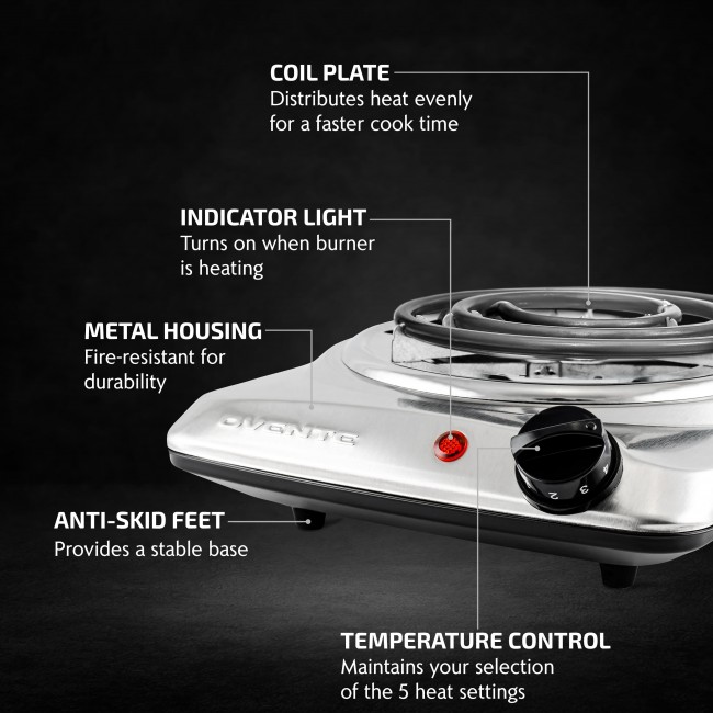 Ovente Electric Infrared Burner, Single-Plate 7.5 (1000W) Ceramic Glass Cooktop
