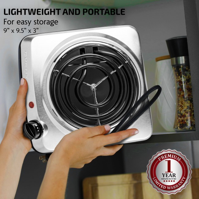 Ovente Electric Single Coil Burner, 1000W (120V), 6-Inch Plate, Adjustable  Temperature Control, Metal Housing, Indicator Light, Non-Slip Rubber Feet
