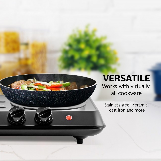 OVENTE Electric Countertop Double Burner, 1700W Cooktop with 6 and 5.75  Stainless Steel Coil Hot Plates, 5 Level Temperature Control, Indicator  Lights and Easy to Clean Cooking Stove, Black BGC102B 