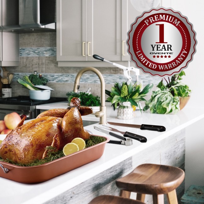 OVENTE Kitchen Oven Roasting Pan Nonstick Carbon Steel Baking Tray with  V-Shaped Design Rack and Carving Knife Set, Easy Clean Dishwasher Safe &  Cooking Roasting Turkey, Chicken, Copper CWR24619CO 