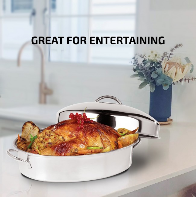 Ovente Oval Roasting Pan 16 Inch Stainless Steel Baking Tray with