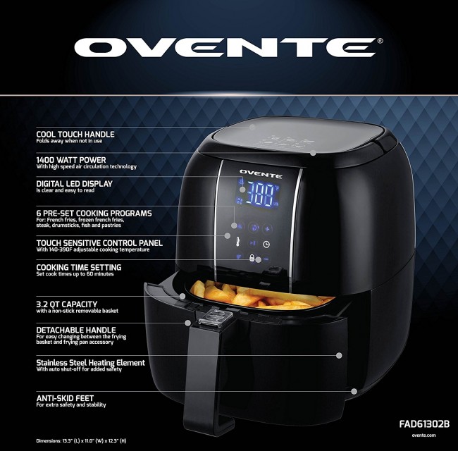 OVENTE 3.2 Quart Compact Air Fryer, Digital LED Touch Screen, Non-Stick  Basket, New-Black FAD61302B