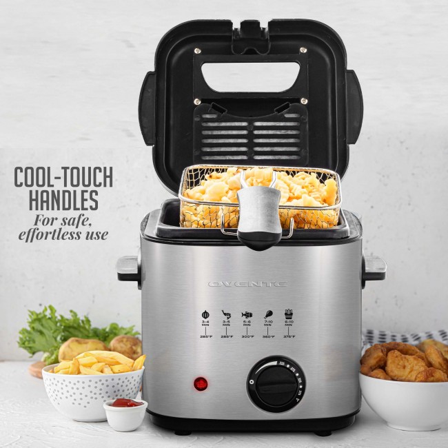 OVENTE Electric Deep Fryer 0.9 Liter Capacity, 840W Power with Locking Lid,  Removable Stainless Steel Frying Basket, Adjustable Temperature Knob, Cool