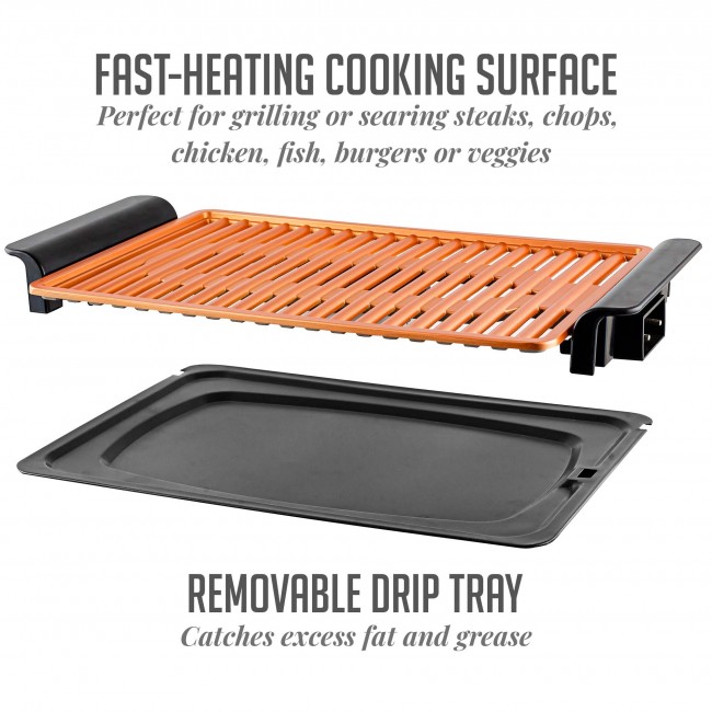 OVENTE Electric Indoor Grill with 13x10 Inch Non-Stick Cooking Surface,  1000W Fast Heat Up Power, Adjustable Temperature, Removable and Dishwasher  Safe Grilling Plate and Drip Tray, Copper GD1632NLCO 