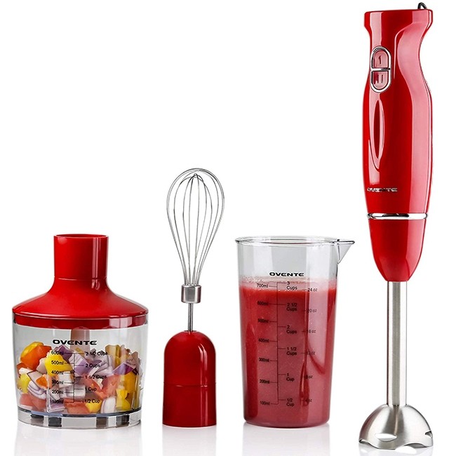 Ovente Ultra-Stick 2-Speed Red Hand Immersion Blender Set with Whisk+