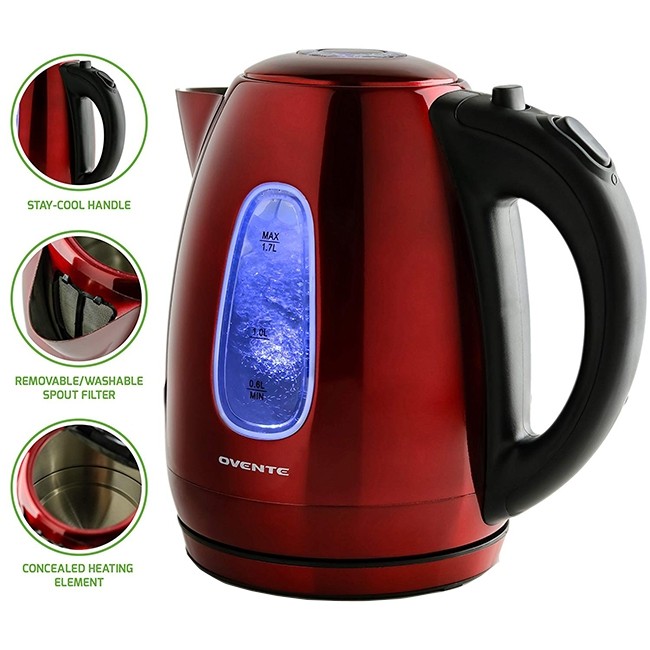 Red 1.7L Ovente KS960R Electric Kettle BPA-Free Cordless Tea and Water Heater Concealed Heating Element Stainless Steel Automatic Shut-Off & Boil-Dry Protection 