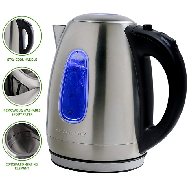 Automatic Shut-Off & Boil-Dry Protection Red Ovente KS960R Electric Kettle Cordless Tea and Water Heater 1.7L Concealed Heating Element Stainless Steel BPA-Free 