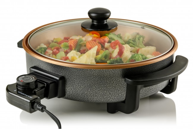 Ovente Round Electric Frying Pan Skillet, Granite with Tempered Glass Lid  and Thermostat Control, 12inch Diameter (SK10112B)