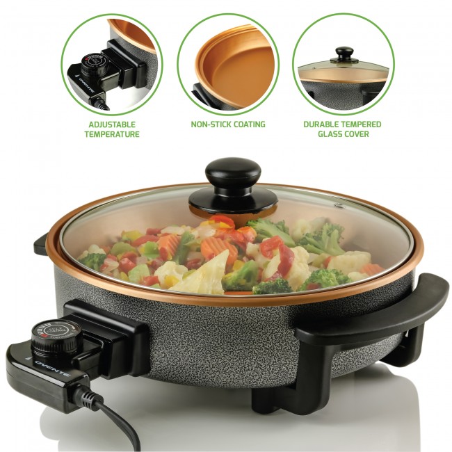 Ovente 13 inch Electric Wok, Nonstick Coating Skillet, Tempered Glass Lid, Copper Sk3113co