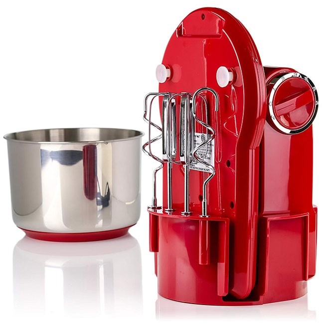 Ovente 3.7 qt. Red Electric Stand Mixer, 300 Watts, with 6 Speed Controls,  and 2 Beater and 2 Dough Hook Attachments SM880RI