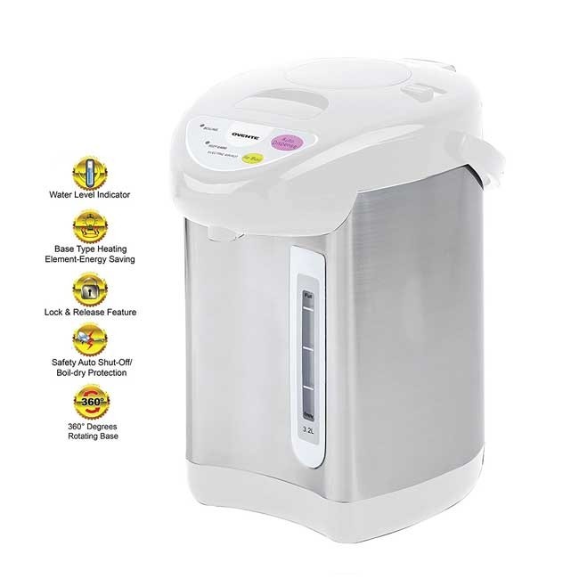 3.2L, Ovente WA32W 3.2 Liter Insulated Water Dispenser with Boiler and Keep Warm Function,White Stainless Steel 