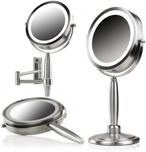 Ovente 3-in-1 Makeup Mirror (Tabletop, Wall-Mount, Handheld) with 3 SmartTouch Light Tones (Cool, Warm, Daylight), Cordless, 8.5 inch, 1x/5x Magnification, Nickel Brushed (MFM85BR1X5X) 