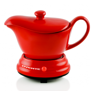 Ovente Electric Gravy Boat Warmer and 16 Ounce Serving Ceramic Bowl with Lid Cover, Silm Design Compact and Easy to Clean, Great for Sauce, Butter, Cream, and Soup, Red (FW177833R)