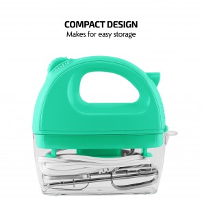 Ovente Electric Hand Mixer 5 Speed Mixing, Portable 150W Powerful Blender for Baking & Cooking with 2 Stainless Steel Chrome Beater Attachments & Snap Clear Case Compact Easy Storage, Turquoise HM161T
