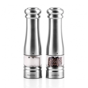 Ovente Electric Salt and Pepper Set with Premium Stainless Steel and Ceramic Blades, Easy to Refill and Store, One-Touch Fast Grinding Button for Seasoning Meat and Dishes, Set of 2, Silver (SPD132S)